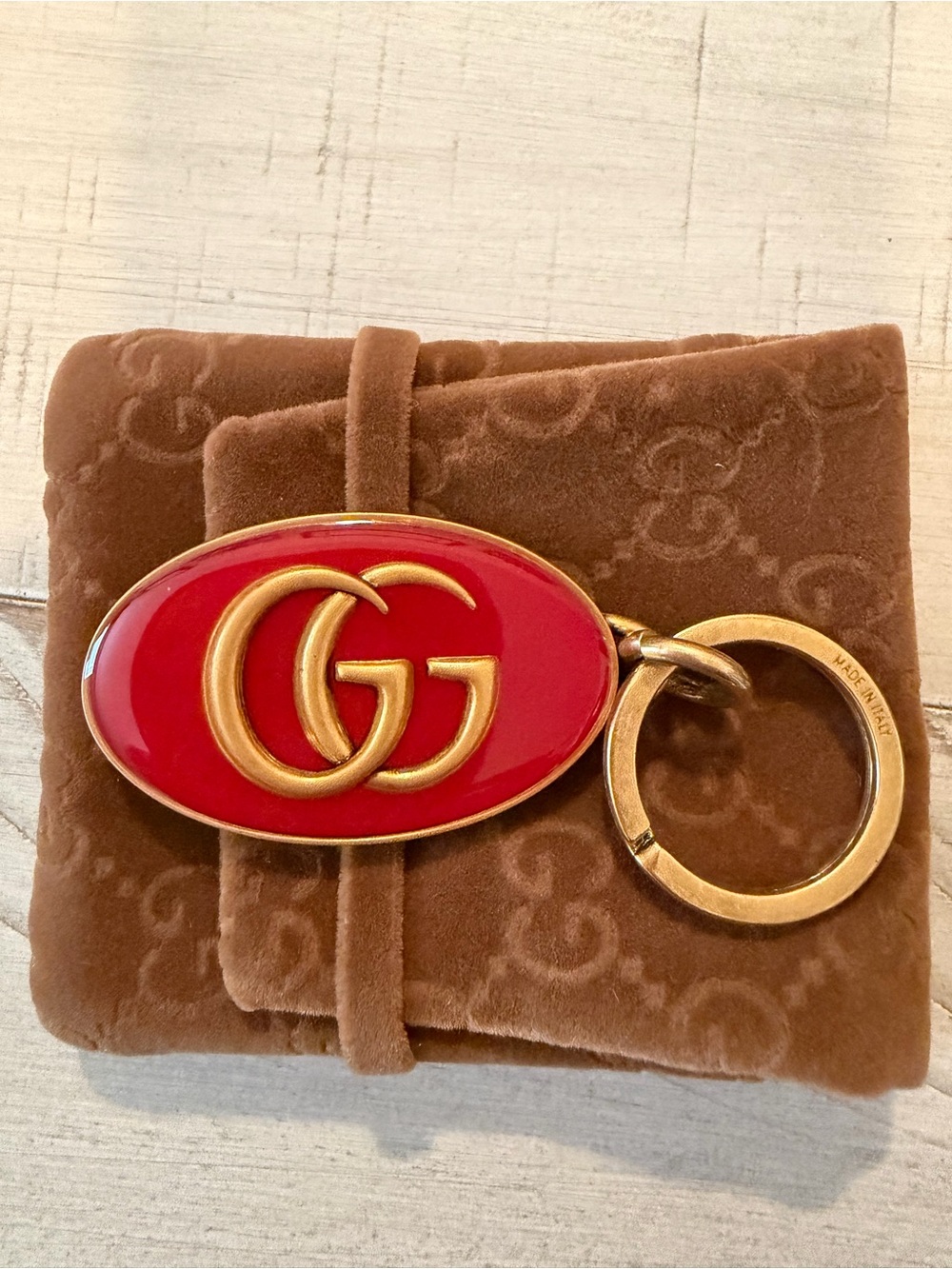 Gucci Red Enamel Double G Oval Keychain